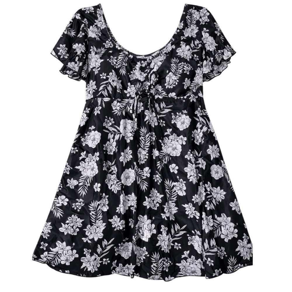 ECUPPER Black White Floral Mini Dress Size L Tie Front Ruffle Sleeve Flowy Boho